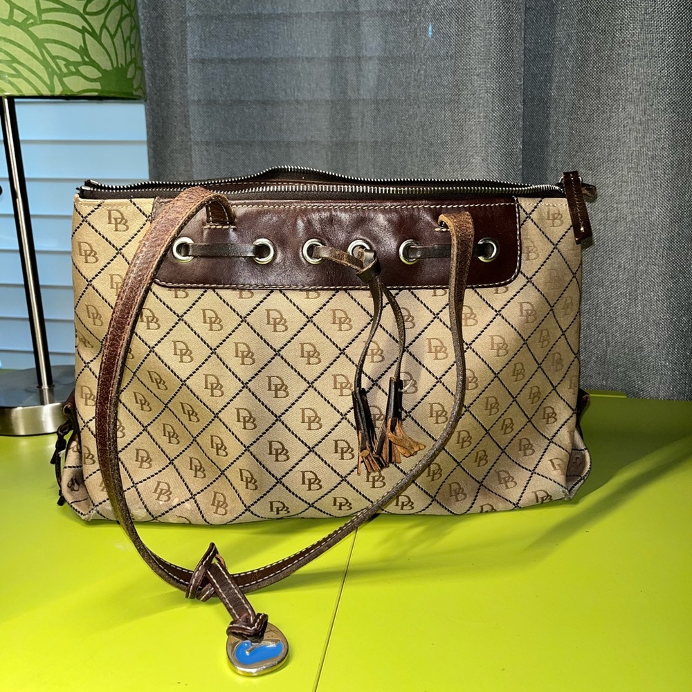 Vintage Dooney Bourke Handbag Brown Signature Canvas Leather Straps & Accents